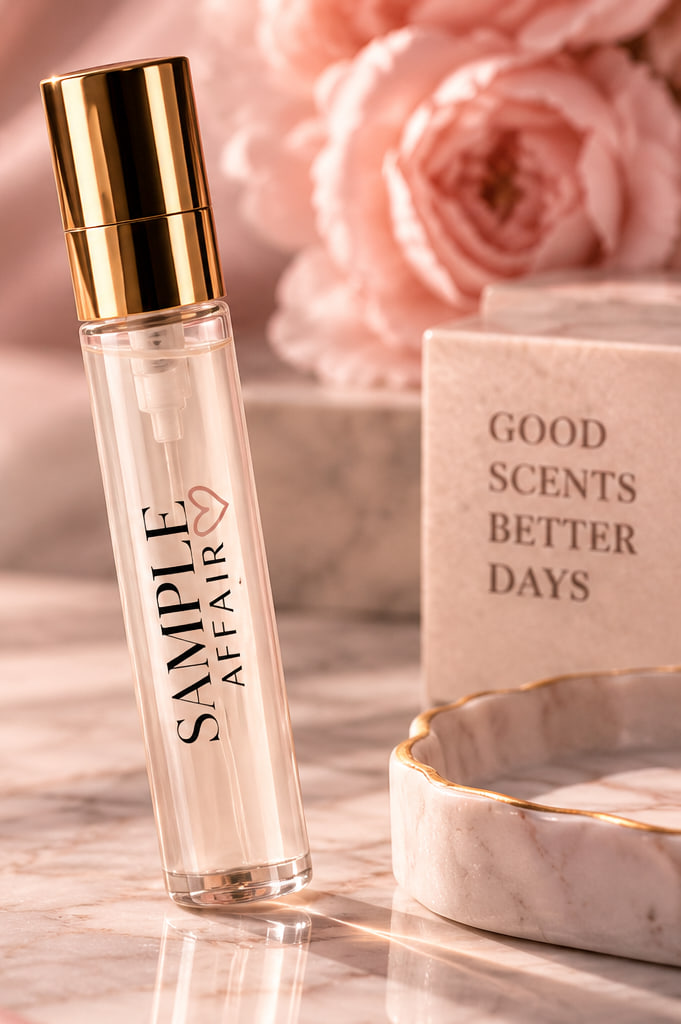 Décant Sample Affair posé sur un plateau de marbre, entre soie et roses
